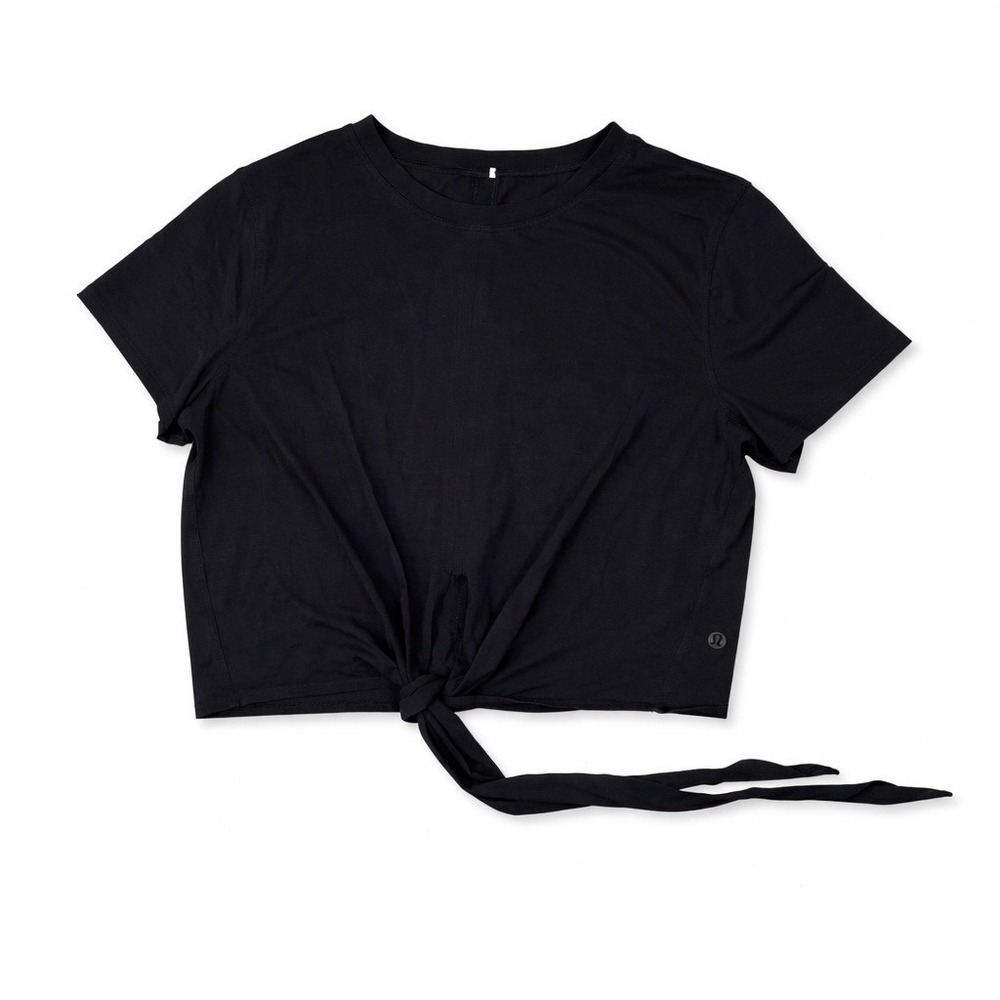 Lululemon Time to Restore Tee Womens 8 Black Tie Front Crop Top Yoga Baby Tee